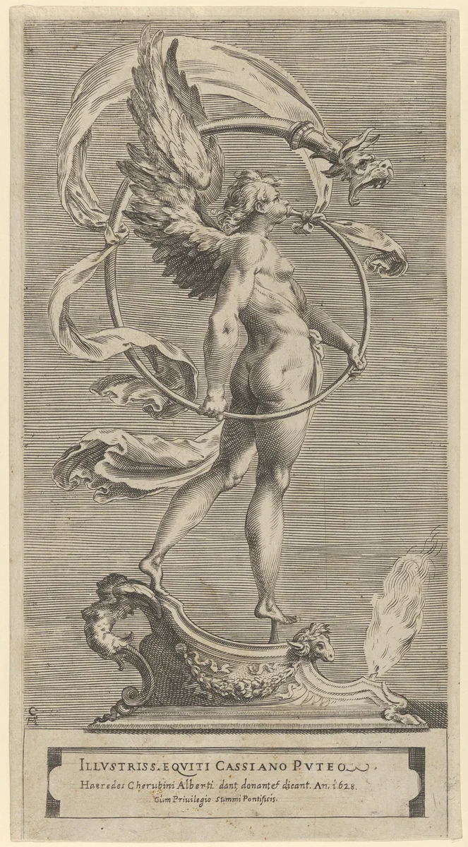 A winged figure of Fame standing facing left and sounding a trumpet by Cherubino Alberti, print, 1570-1615