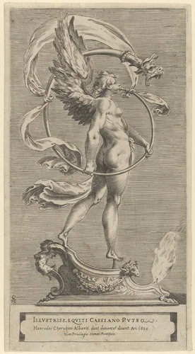 A winged figure of Fame standing facing left and sounding a trumpet by Cherubino Alberti, print, 1570-1615