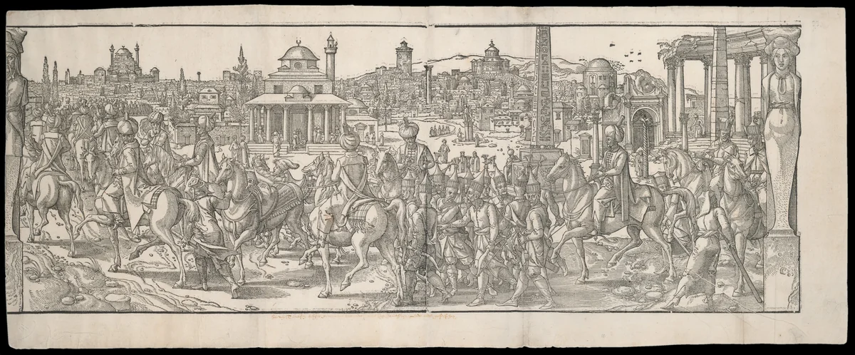 Procession of Sultan Süleyman through the Atmeidan from the frieze Ces Moeurs et fachons de faire de Turcz (Customs and Fashions of the Turks) by Pieter Coecke van Aelst, print, 1553