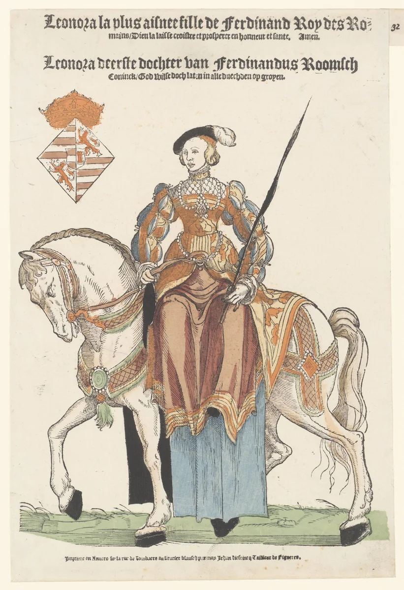 Portret van Eleonora van Oostenrijk te paard by Hans Liefrinck, print, 1539-1561