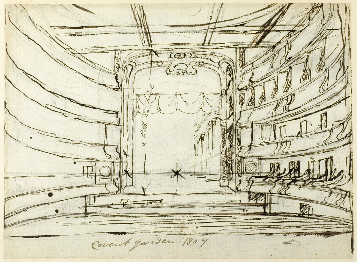 Study for Covent Garden Theatre, from Microcosm of London by Augustus Charles Pugin, drawing, 1807