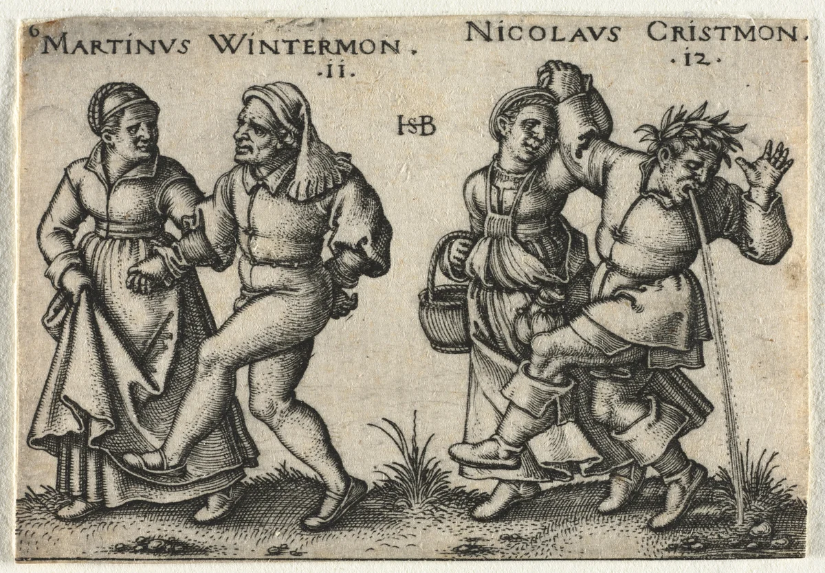 The Peasant Wedding or the Twelve Months: 11-Martinus Wintermon 12-Nicolaus Cristmon by Hans Sebald Beham, print, 1546