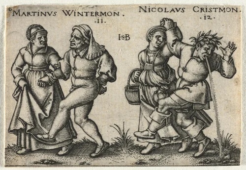 The Peasant Wedding or the Twelve Months: 11-Martinus Wintermon 12-Nicolaus Cristmon by Hans Sebald Beham, print, 1546