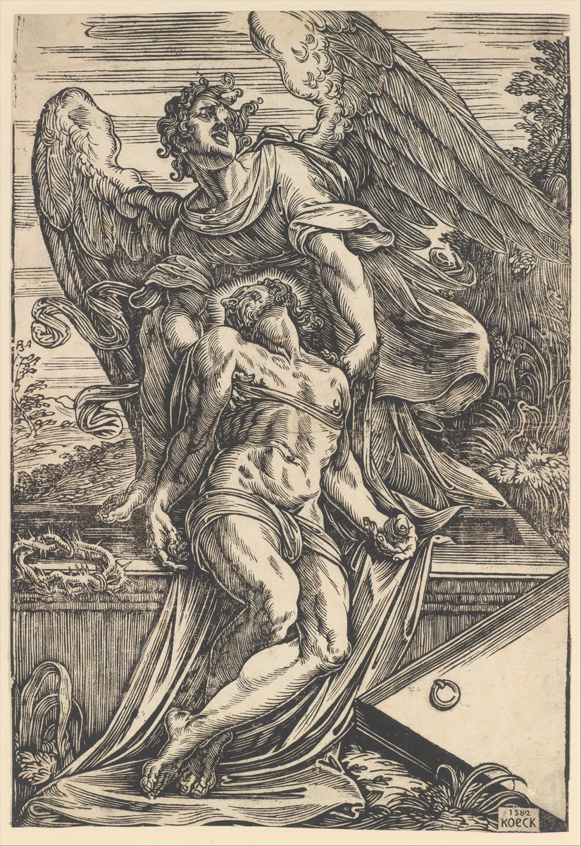 The Dead Christ supported by an angel by Giuseppe Scolari, print, 1582