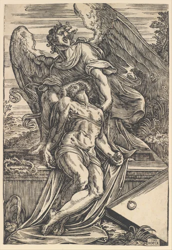 The Dead Christ supported by an angel by Giuseppe Scolari, print, 1582
