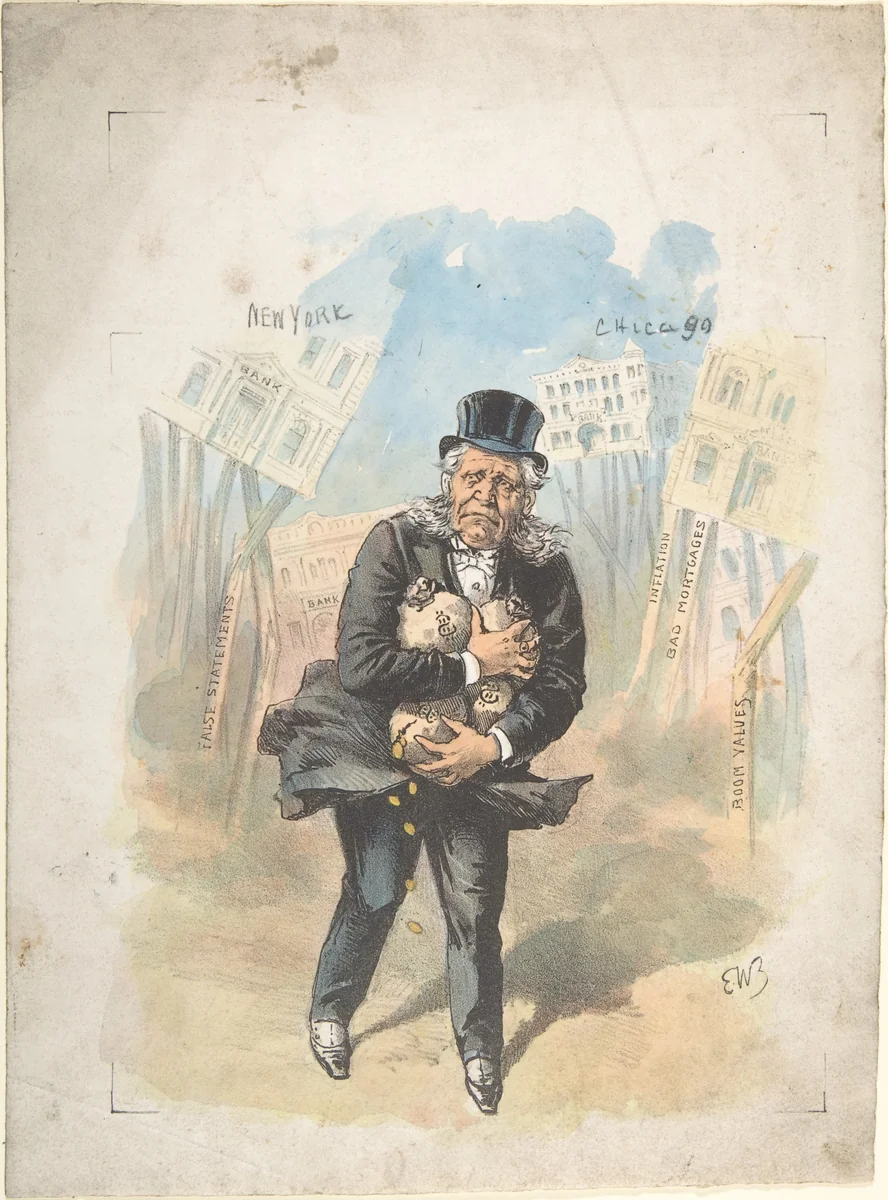 Man Clutching Moneybags While Banks Collapse by Emmanuel Wyttenbach, print, 1877-1894