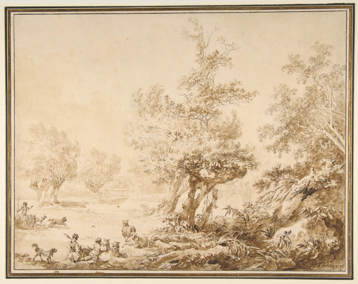 Shepherd with His Flock in a Clearing by Jean Baptiste Le Prince, drawing, 1776
