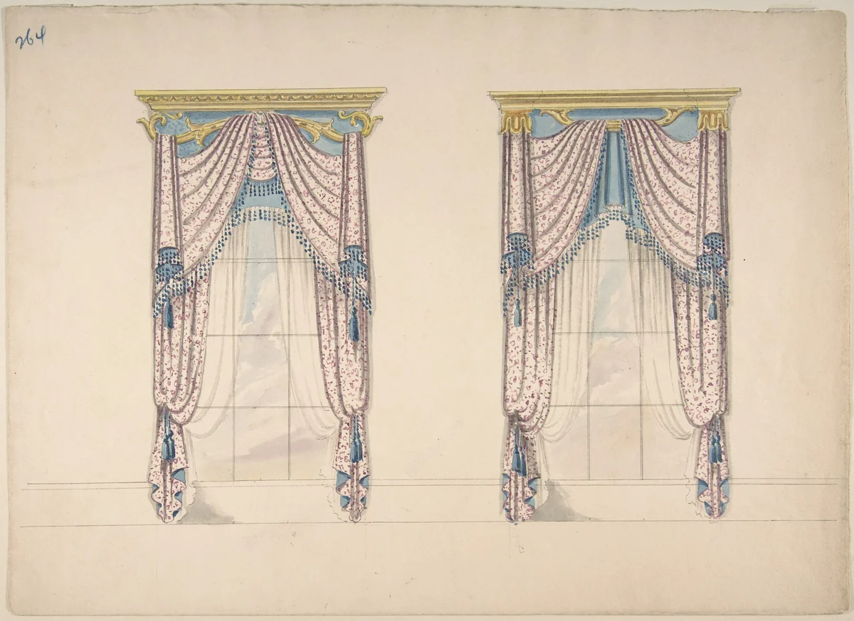 Design for Pink, White and Blue Curtains with Blue Fringes, and Gold and Blue Pediments by anonymous, drawing, 1815-1825