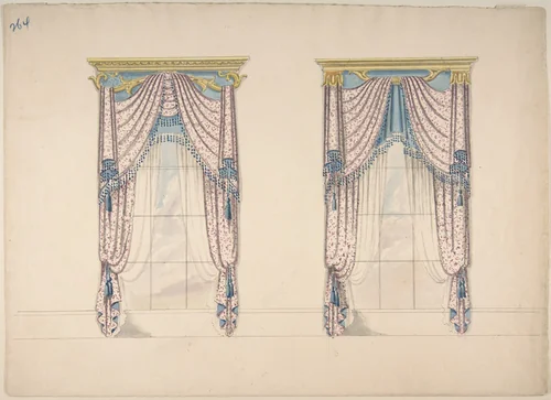 Design for Pink, White and Blue Curtains with Blue Fringes, and Gold and Blue Pediments by anonymous, drawing, 1815-1825