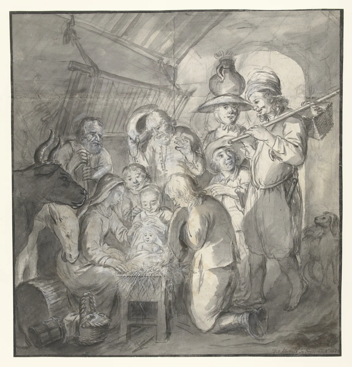 De aanbidding der herders by Diederik van Attevelt, drawing, 1673