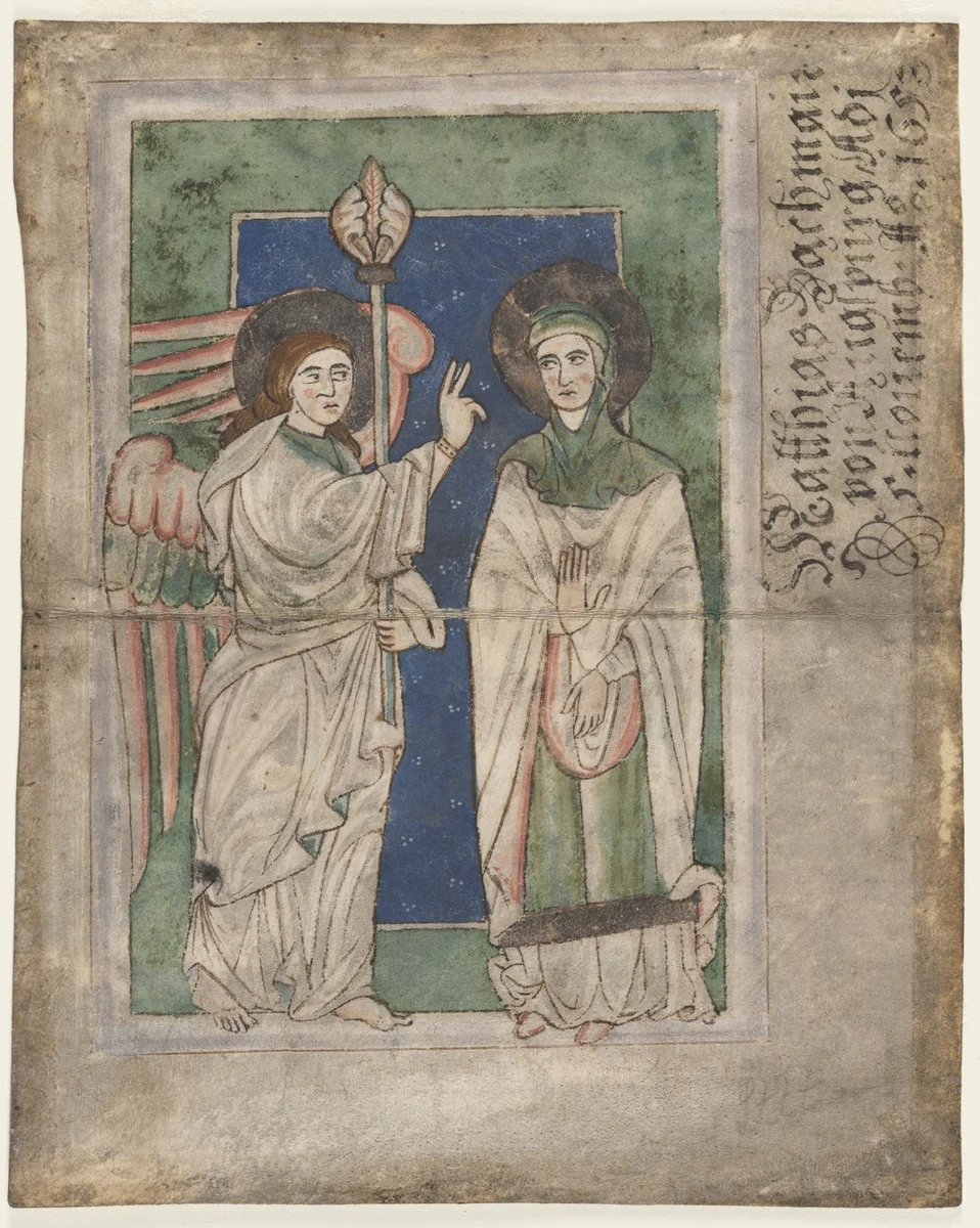Leaf from a Psalter(?): Annunciation (recto) by Unknown, manuscript, 1200-1225