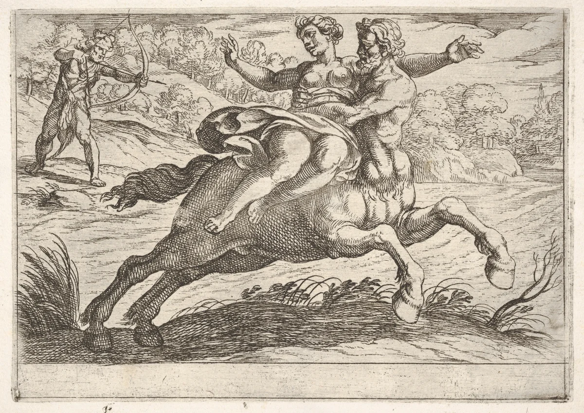 Nessus attempting to take Dejanira from Hercules, from "The Labors of Hercules" by Antonio Tempesta, print, 1608