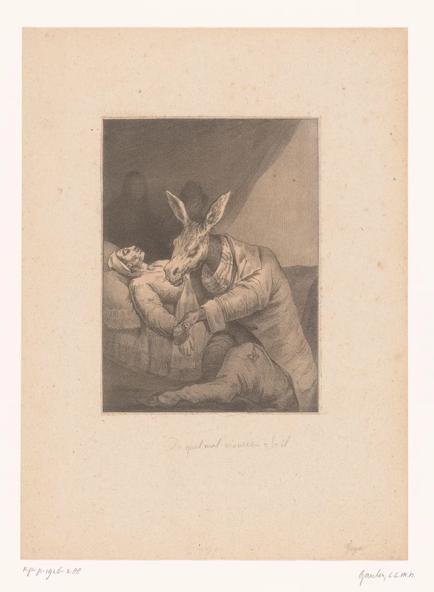 Ezel voelt de pols van een zieke man by Cyprien Charles Marie Nicolas Gaulon, print, 1824