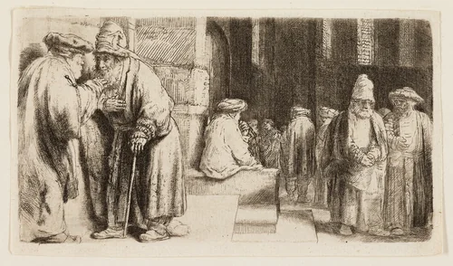 Jews in the Synagogue by Rembrandt van Rijn, print, 1648