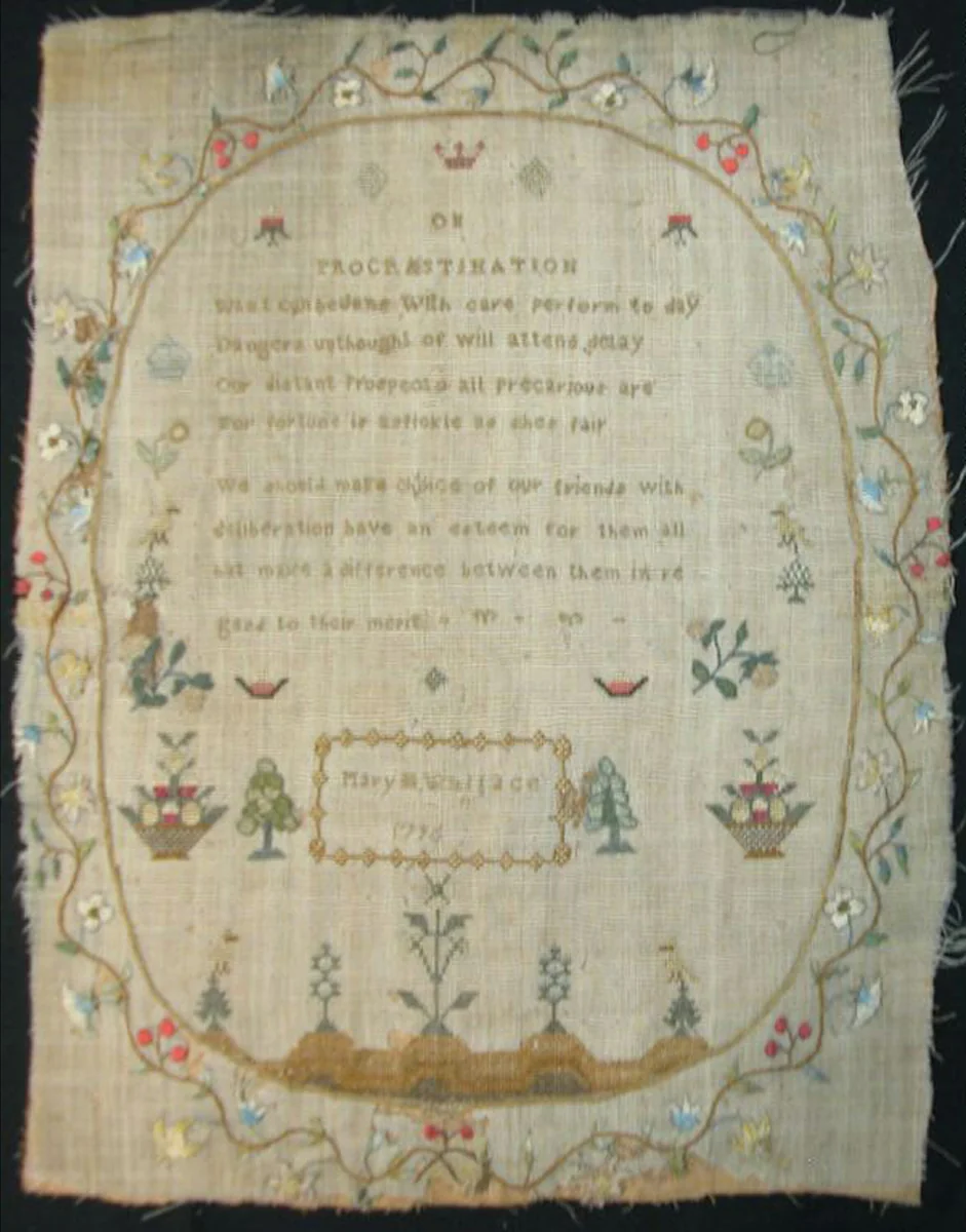 Sampler by Mary Wallace, textile, 1701-1800
