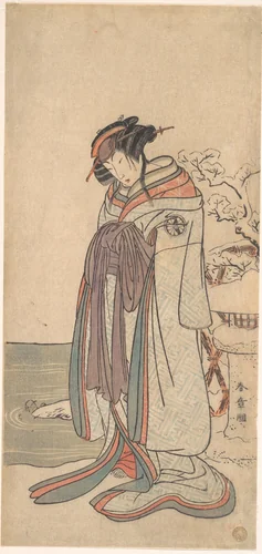 The Third Segawa Kikunojo as a Courtesan Standing in the Snow by Katsukawa Shunshô (勝川春章), print, 1773-1777
