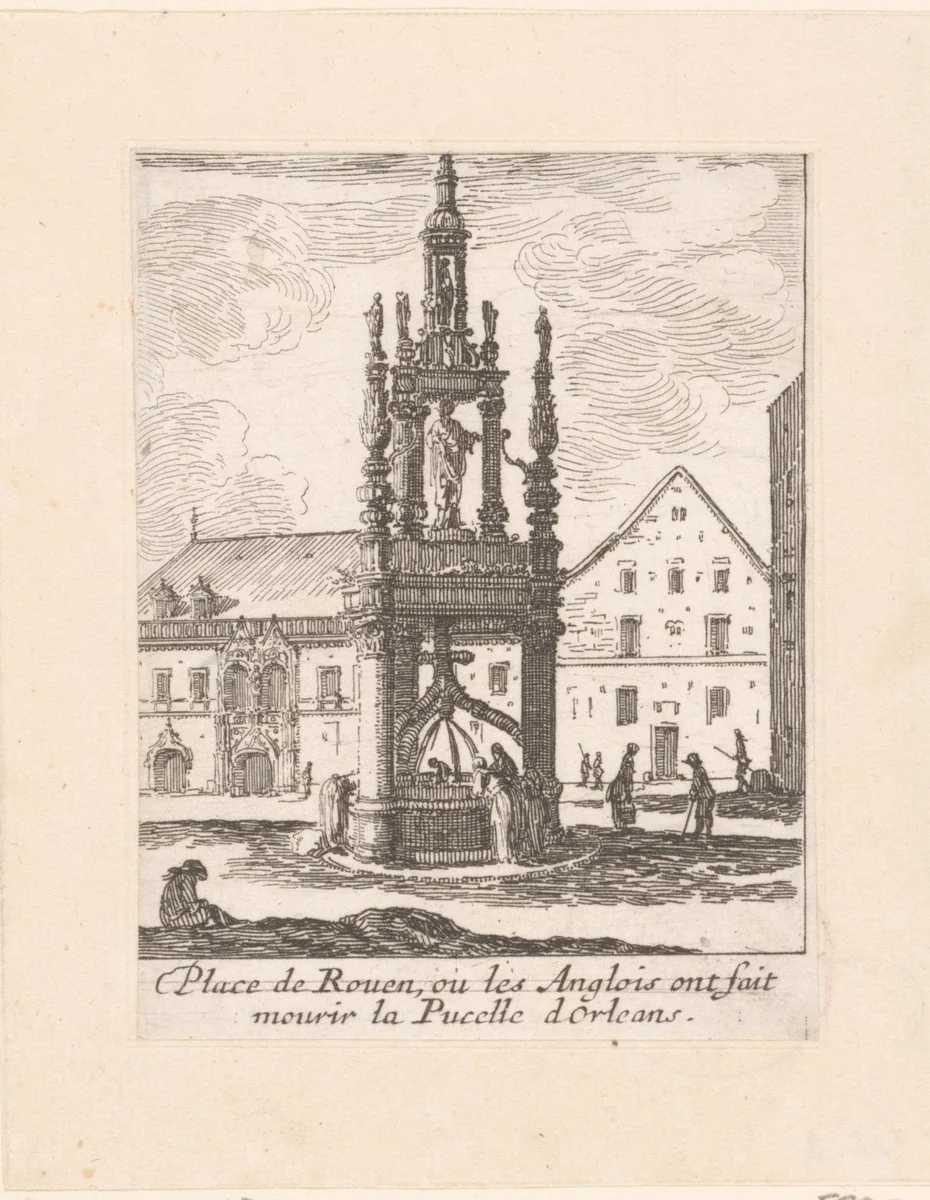 Gezicht op het marktplein van Rouen, waar Jeanne d'Arc is gestorven by Israël Silvestre, print, 1631-1661