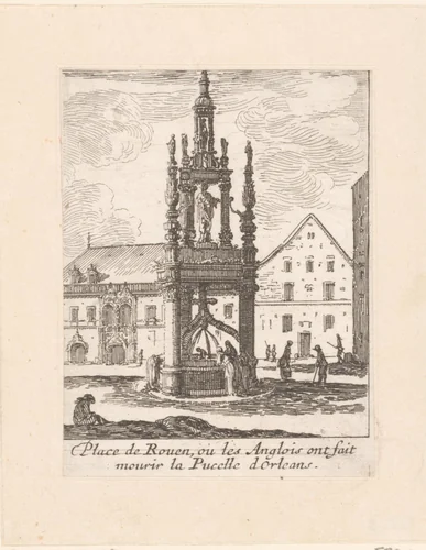 Gezicht op het marktplein van Rouen, waar Jeanne d'Arc is gestorven by Israël Silvestre, print, 1631-1661