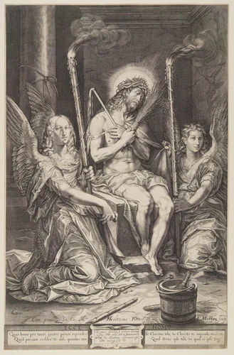 Christ on the Cold Stone with Two Angels by Jacob Matham, print, 1603