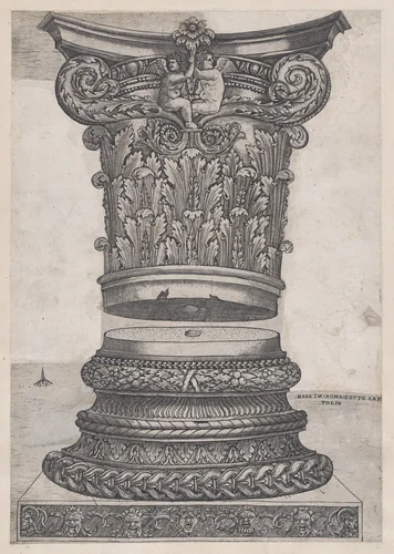 Decorated capital and base, from "Speculum Romanae Magnificentiae" by Monogrammist G.A. with the Caltrop, print, 1534-1540