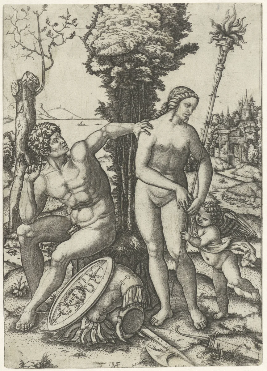 Mars en Venus als liefdespaar met Amor by Unknown, print, 1508