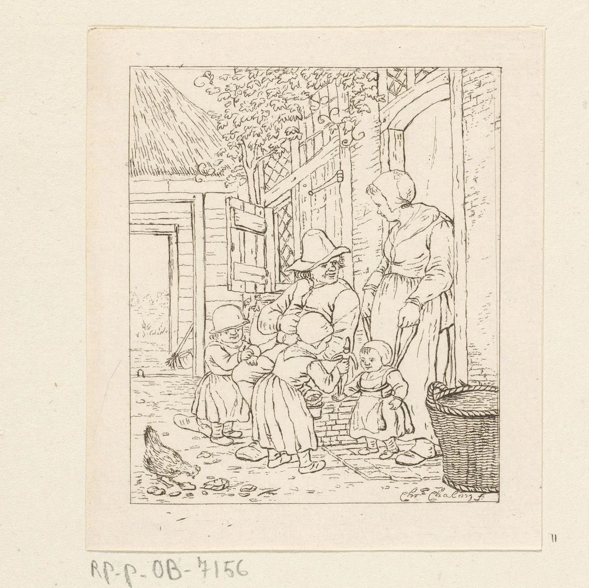 Gezin voor een huis by Pieter de Mare, print, 1779