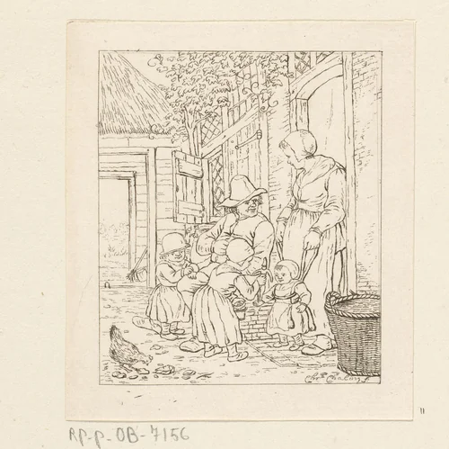 Gezin voor een huis by Pieter de Mare, print, 1779