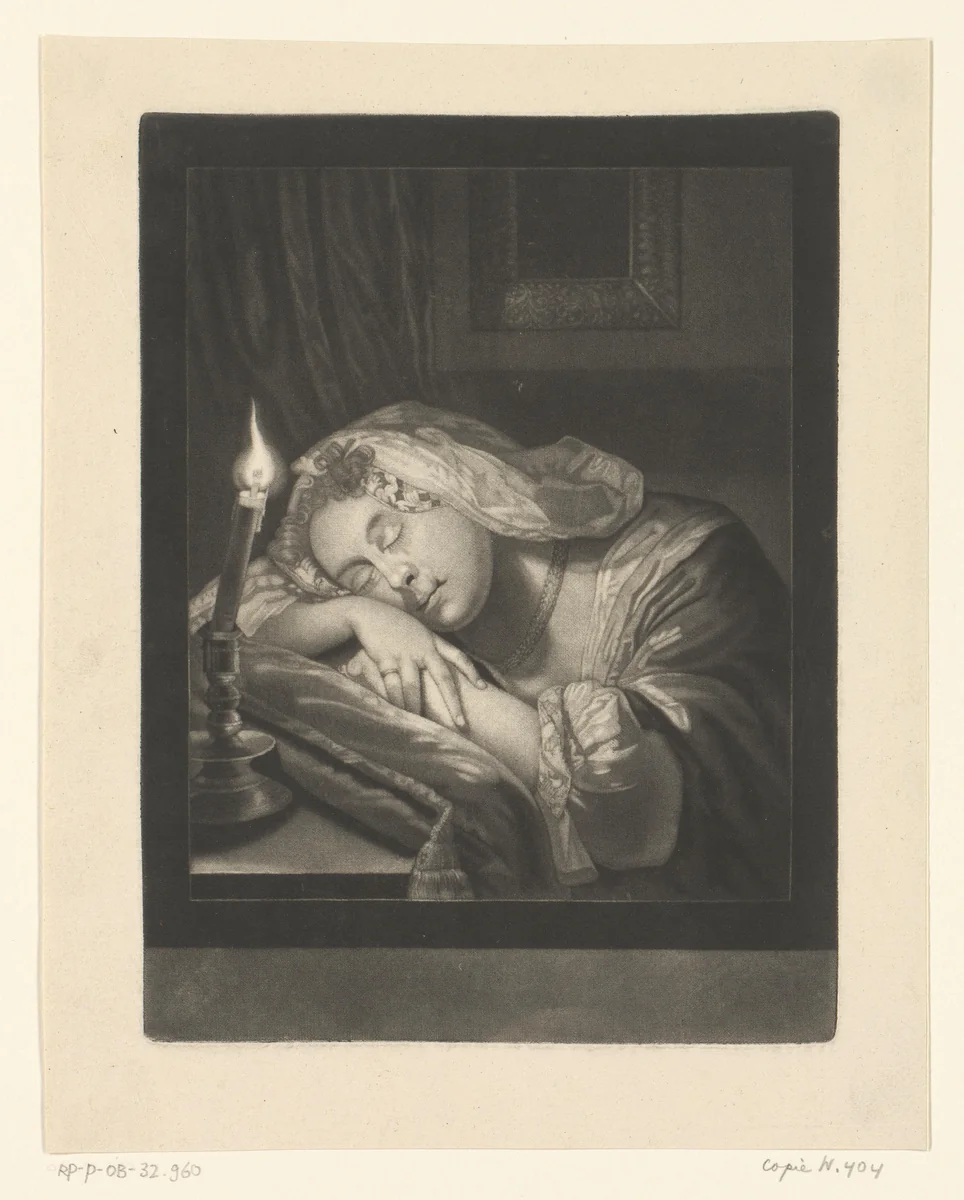 Slapende jonge vrouw naast een kaars by anonymous, print, 1700-1800