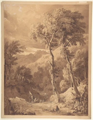 Mountainous landscape with travellers (Scene on the river Pellene Achaia) by Hugh William Williams, drawing, 1818-1829