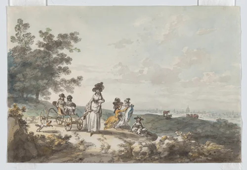 View of London with St. Paul’s in the distance: woman and children with a baby carriage by Julius Caesar Ibbetson, drawing, 1787