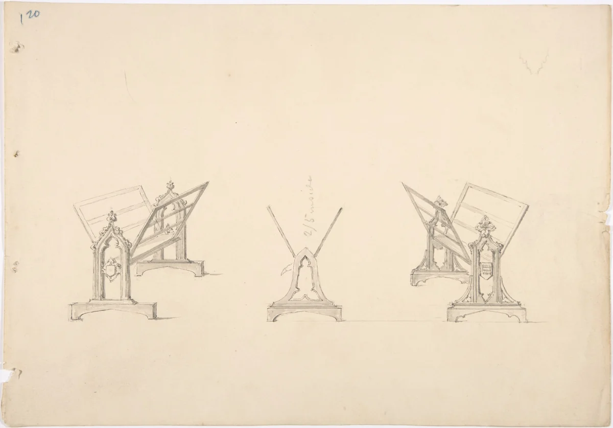 Design for Three Gothic Style Book Stands by anonymous, drawing, 1800-1850