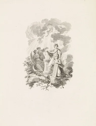 Titelprent met vier vrouwelijke personificaties bij een hart by Reinier Vinkeles, print, 1778