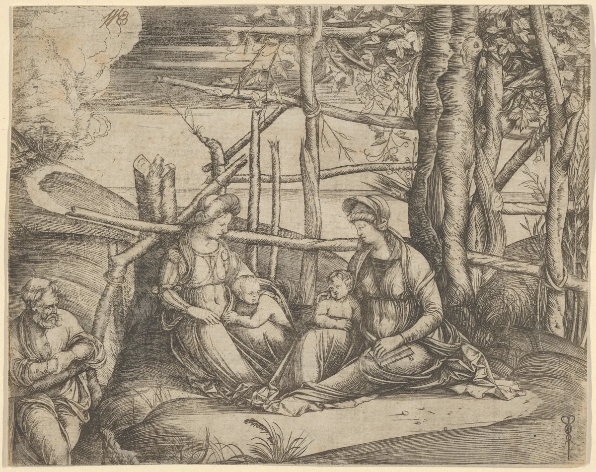 The Virgin and Child with Saint Elizabeth and John the Baptist in a landscape, St Joseph at the left by Jacopo de' Barbari, print, 1498-1508