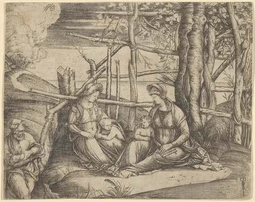 The Virgin and Child with Saint Elizabeth and John the Baptist in a landscape, St Joseph at the left by Jacopo de' Barbari, print, 1498-1508