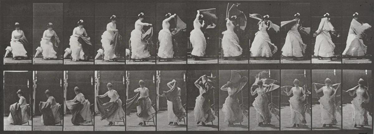 Plate Number 424. Toilet, rising from chair and putting on shawl by Eadweard Muybridge, photograph, 1887
