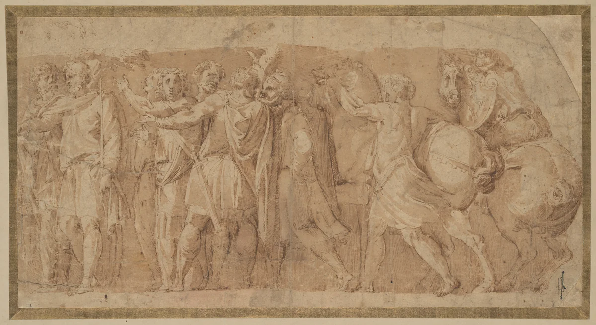 Frieze with Male Figures and Two Horses by Polidoro da Caravaggio, drawing, 1536-1570