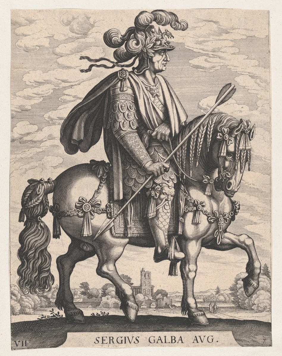 Plate 7: Emperor Galba on Horseback, from 'The First Twelve Roman Caesars' after Tempesta by Matthäus Merian, print, 1610-1650
