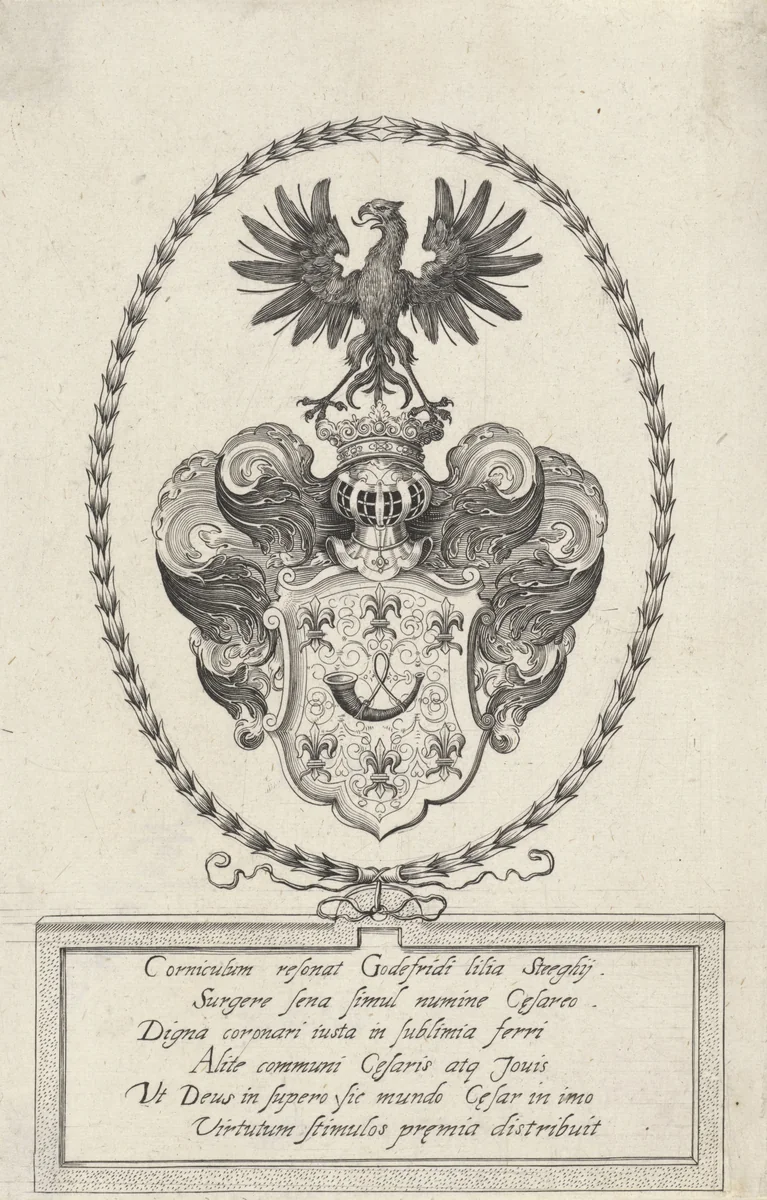Wapenschild van Godfried Steeghius by Aegidius Sadeler, print, 1606