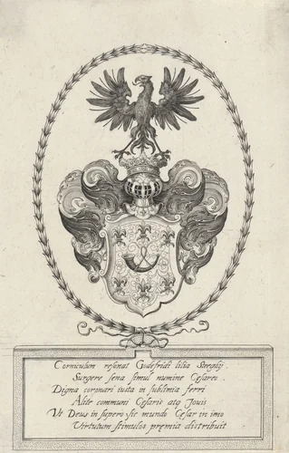 Wapenschild van Godfried Steeghius by Aegidius Sadeler, print, 1606