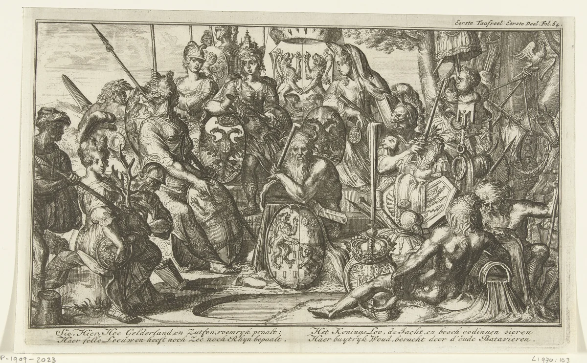 Allegorie met Gelderland en Zutphen by Romeyn de Hooghe, print, 1704-1706