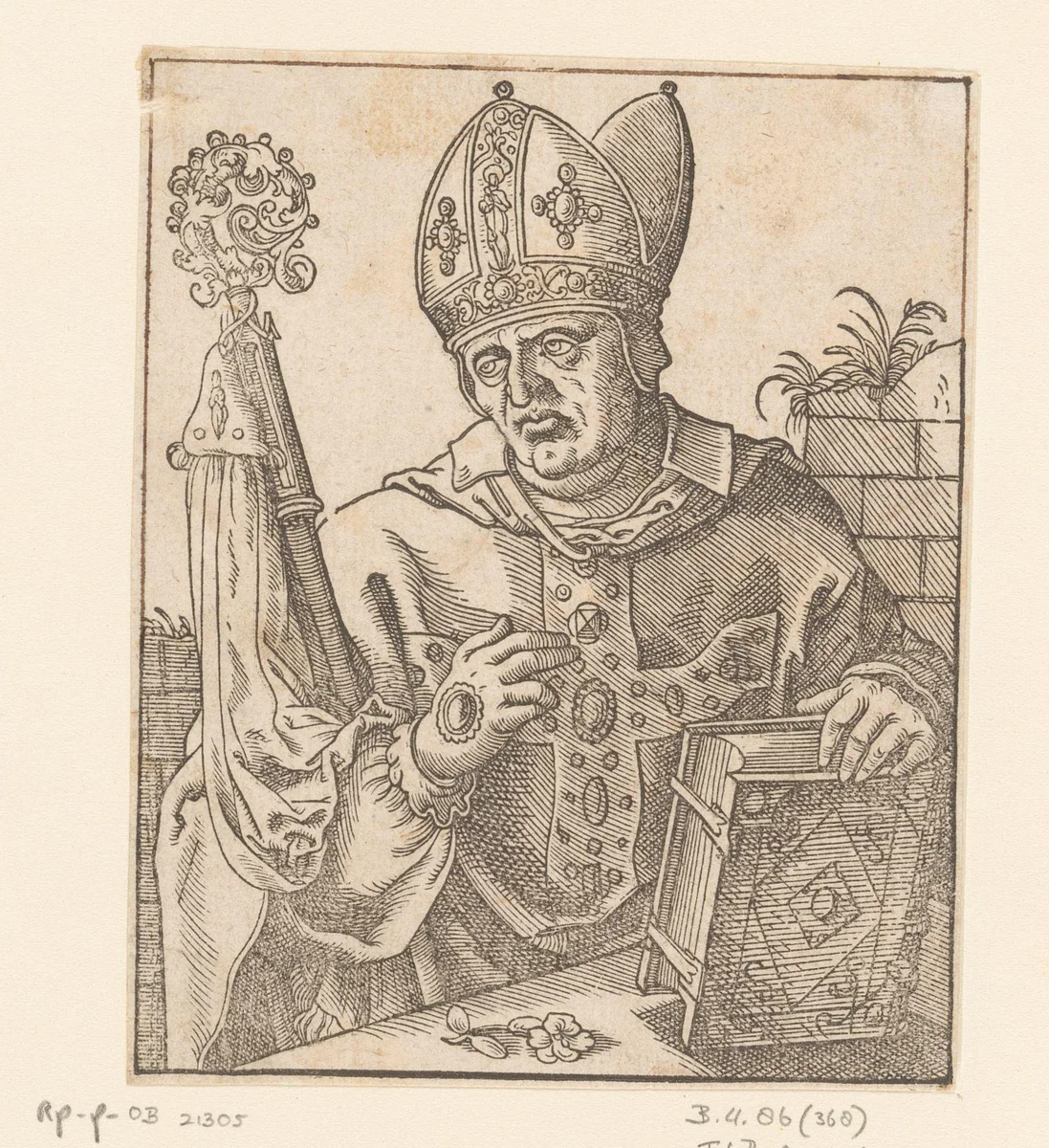 Bisschop achter een tafel met een bloem en een gesloten boek by anonymous, print, 1580