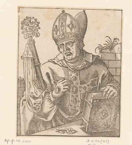 Bisschop achter een tafel met een bloem en een gesloten boek by anonymous, print, 1580