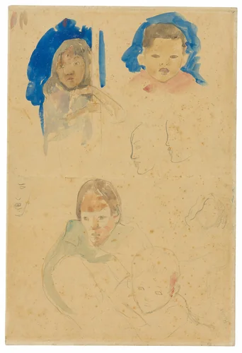 Sketches of Children, a Woman, and Profiles (recto), Sketches of Horses and Child (verso) by Paul Gauguin, drawing, 1891-1893