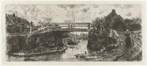 Vaart met brug by Jacob Maris, print, 1847-1899