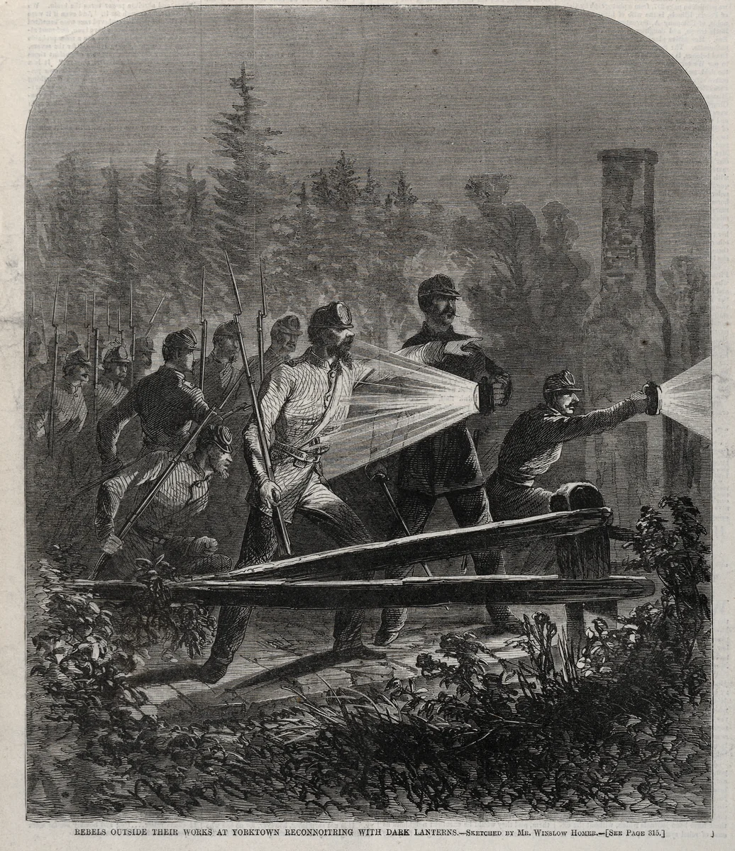 Rebels Outside Their Works at Yorktown Reconnoitering with Dark Lanterns by Winslow Homer, print, 1862