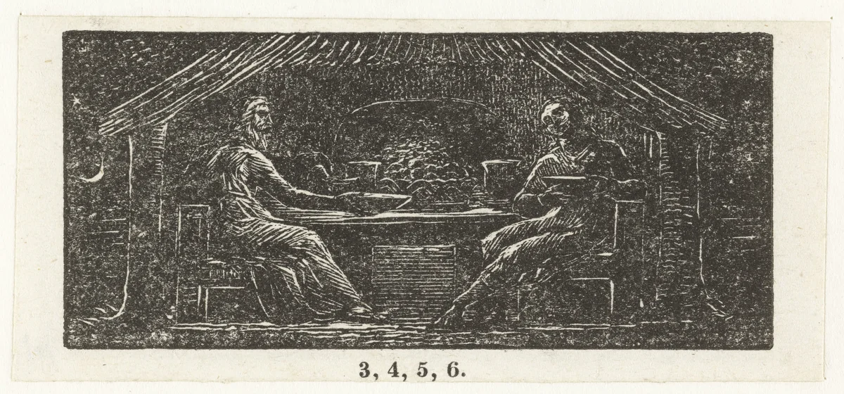 Thenot en Colinet samen aan tafel by William Blake, print, 1820-1821
