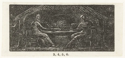 Thenot en Colinet samen aan tafel by William Blake, print, 1820-1821