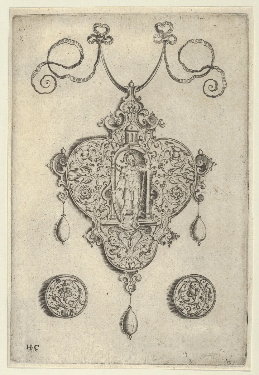 Pendant Design with Mars Standing in a Niche by Jan Collaert, print, 1530-1573