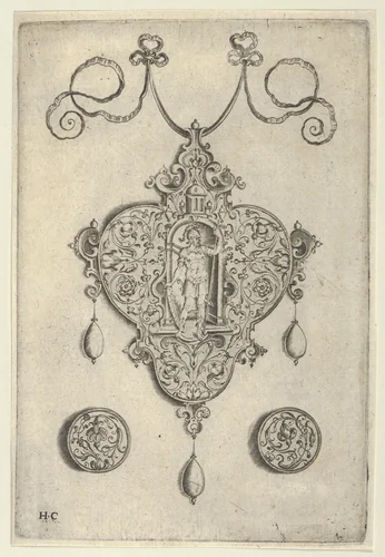 Pendant Design with Mars Standing in a Niche by Jan Collaert, print, 1530-1573
