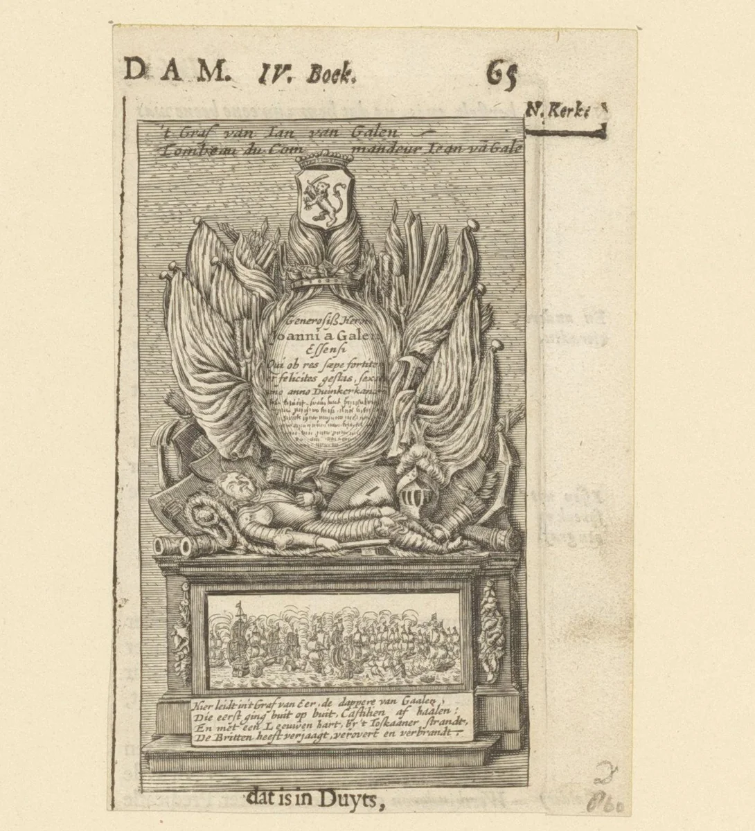 Grafmonument van Jan van Galen in de Nieuwe Kerk te Amsterdam by anonymous, print, 1665-1694